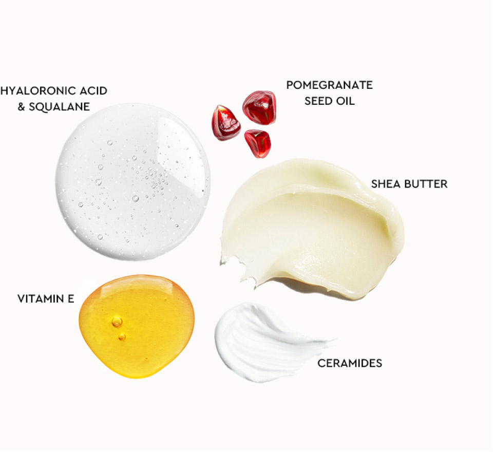 hyaloronic acid & squalane, pomegranate seed oil, shea butter, ceramides, vitamin E